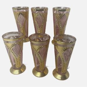 Elegant 6 Piece VTG Boho Gold and Cranberry Tumblers Glasses Party Set 60s